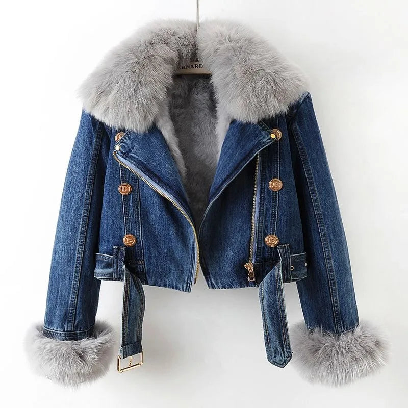 Denim Jacket with Fur Lining | Short Model with Collar